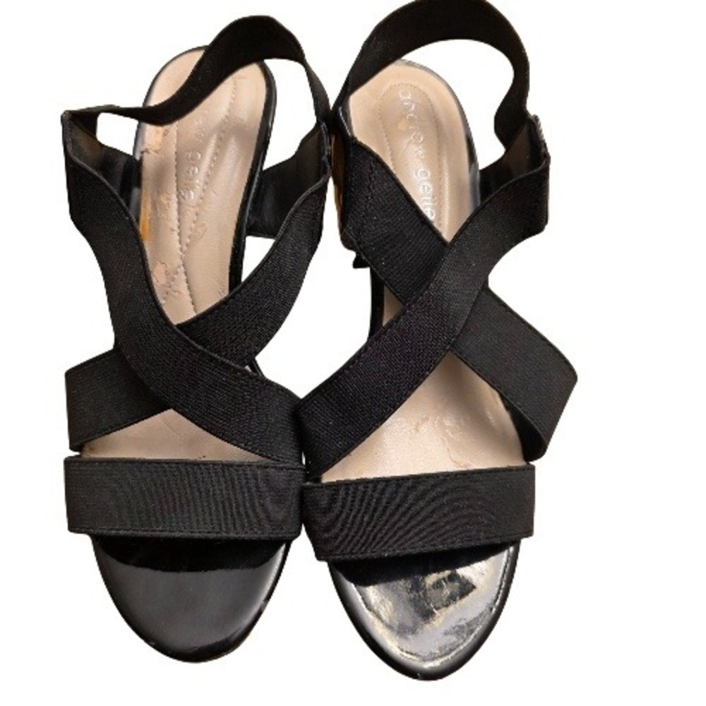 Andrew Geller Black Y2K‎ Elastic Strappy Wedge Sandals Sz 6 2.5" Heel 2000s